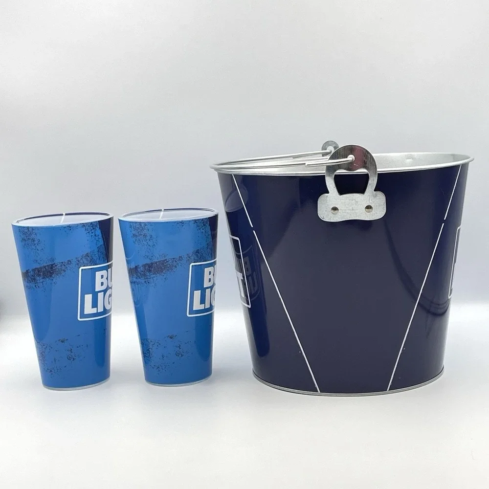 BUD LIGHT‎ Metal Bucket, 2 Bud Light Glasses and 2 Bud Light Coasters
